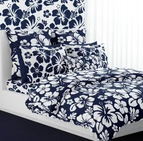 Navy Blue and White Hibiscus and Hawaiian Flowers Duvet Cover -Medium Scale