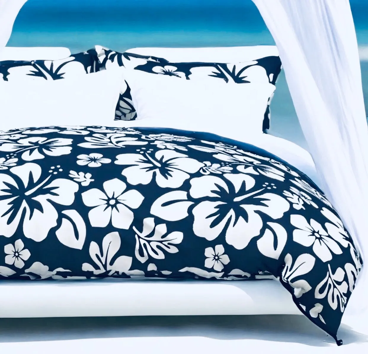 Navy Blue and White Hibiscus and Hawaiian Flowers Duvet Cover -Medium Scale