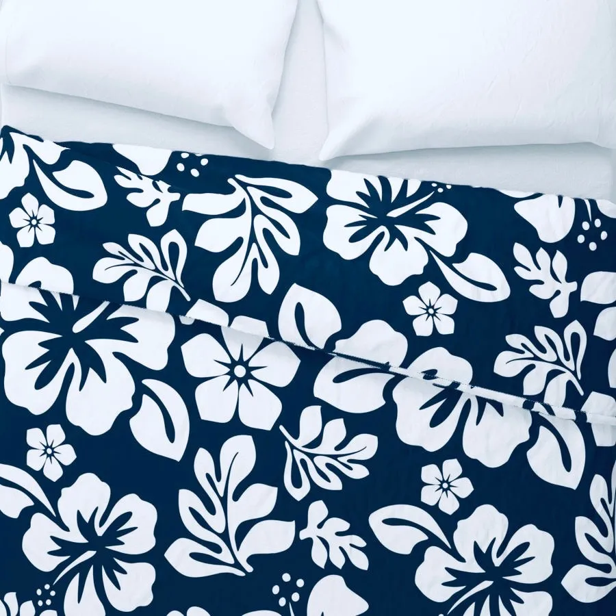 Navy Blue and White Hibiscus and Hawaiian Flowers Duvet Cover -Medium Scale