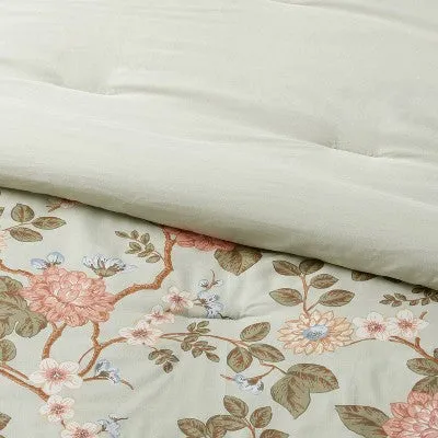 New - Full/Queen Traditional Floral Print Comforter and Sham Set Light Sage Green/Light Pink/White - Threshold