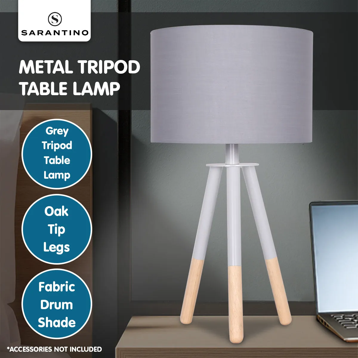 Painted Metal & Wood Tripod Desk Lamp, Grey Shade - Sarantino