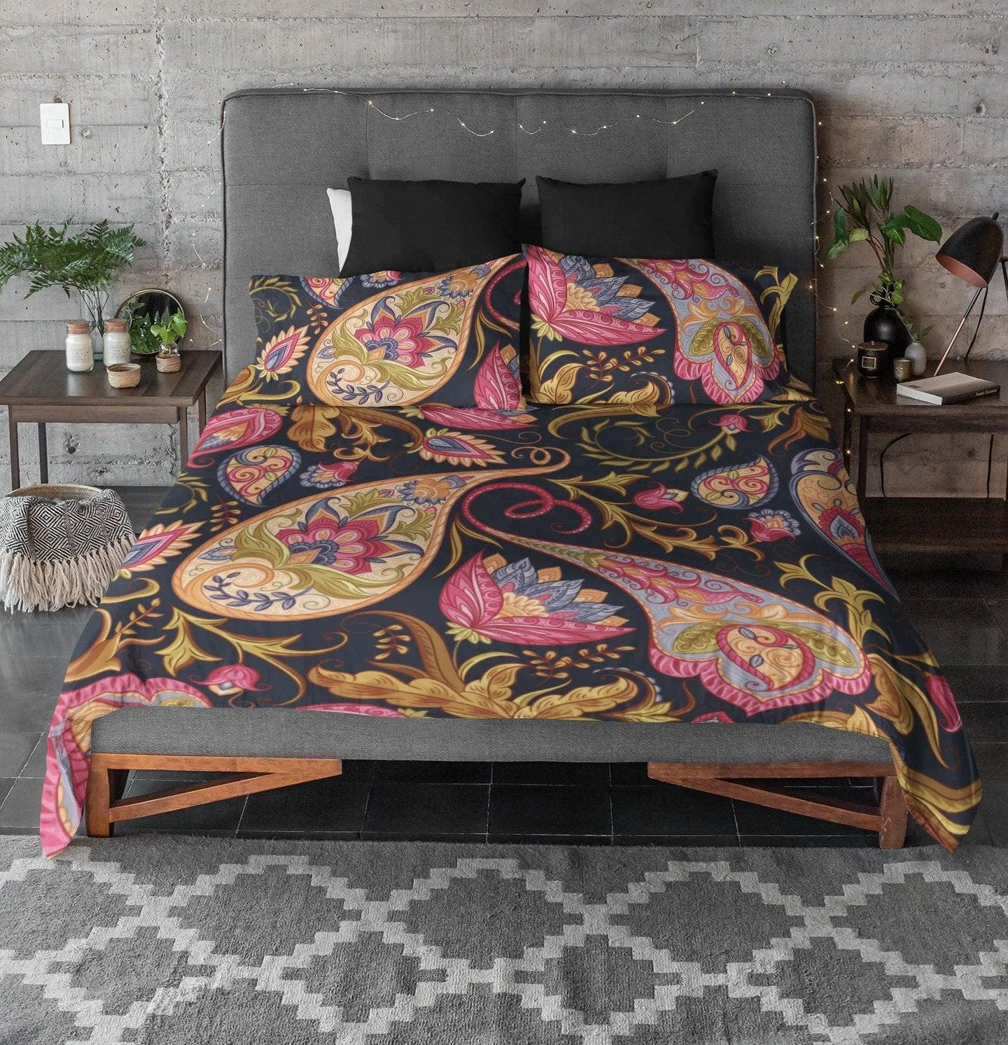 Paisley Black Duvet Cover Set | Dorm Bedding Set with Pillow Cover Case