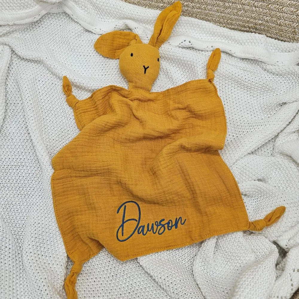 Personalised Mustard Bunny Muslin Baby Comforter