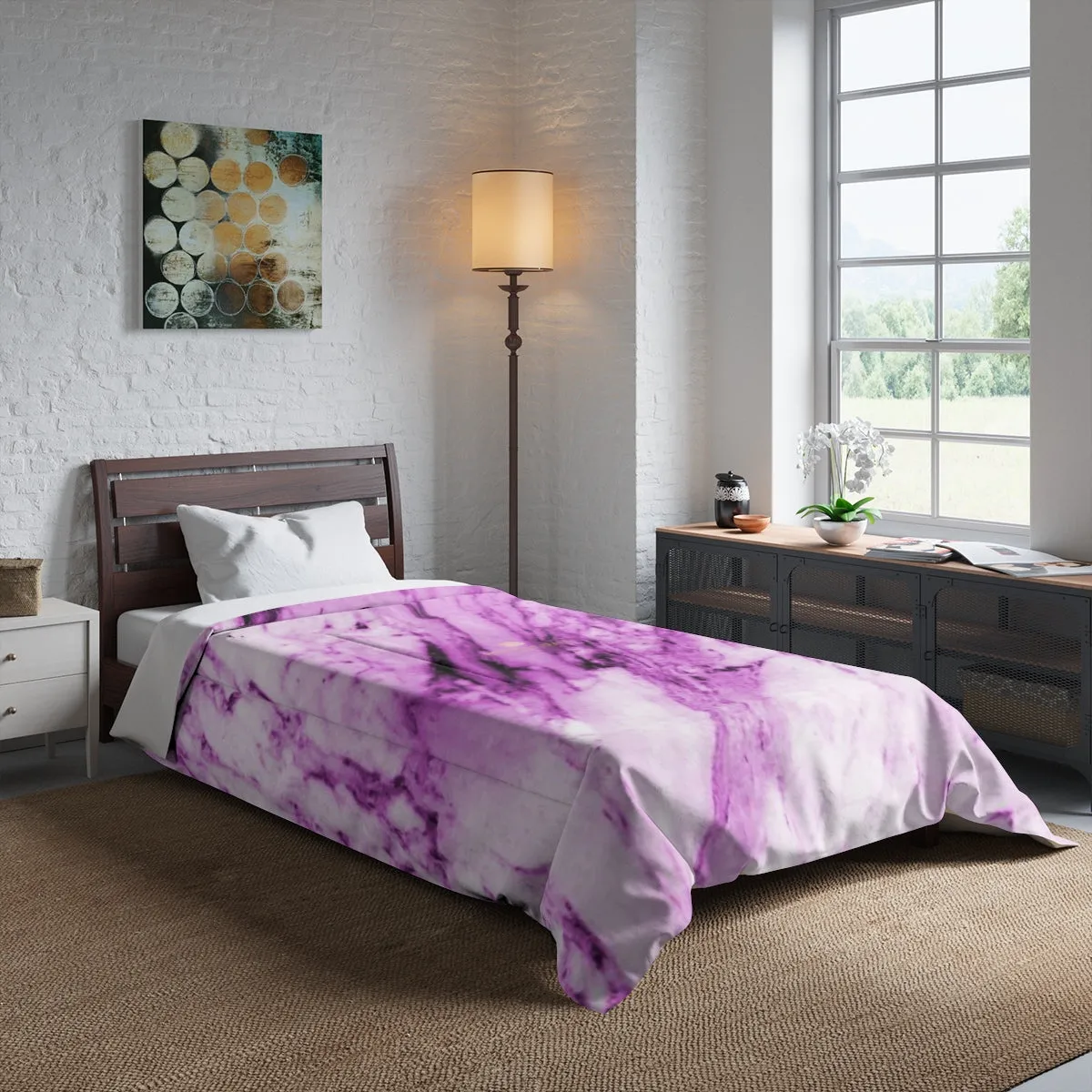 Pink Marble Comforter, White Marble Print Best Comforter For King/Queen/Full/Twin-Printed in USA