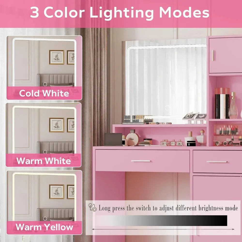 Pink Vanity Desk with Mirror and LED Lighting