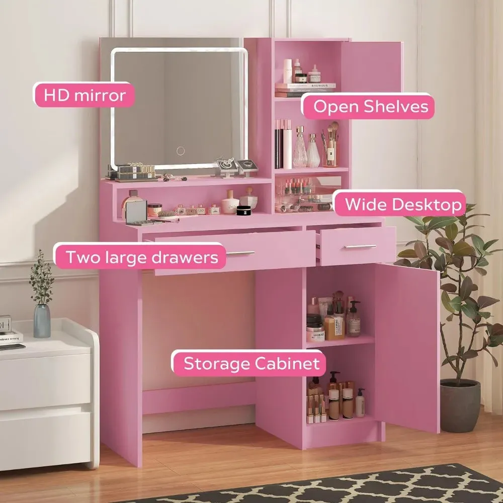 Pink Vanity Desk with Mirror and LED Lighting