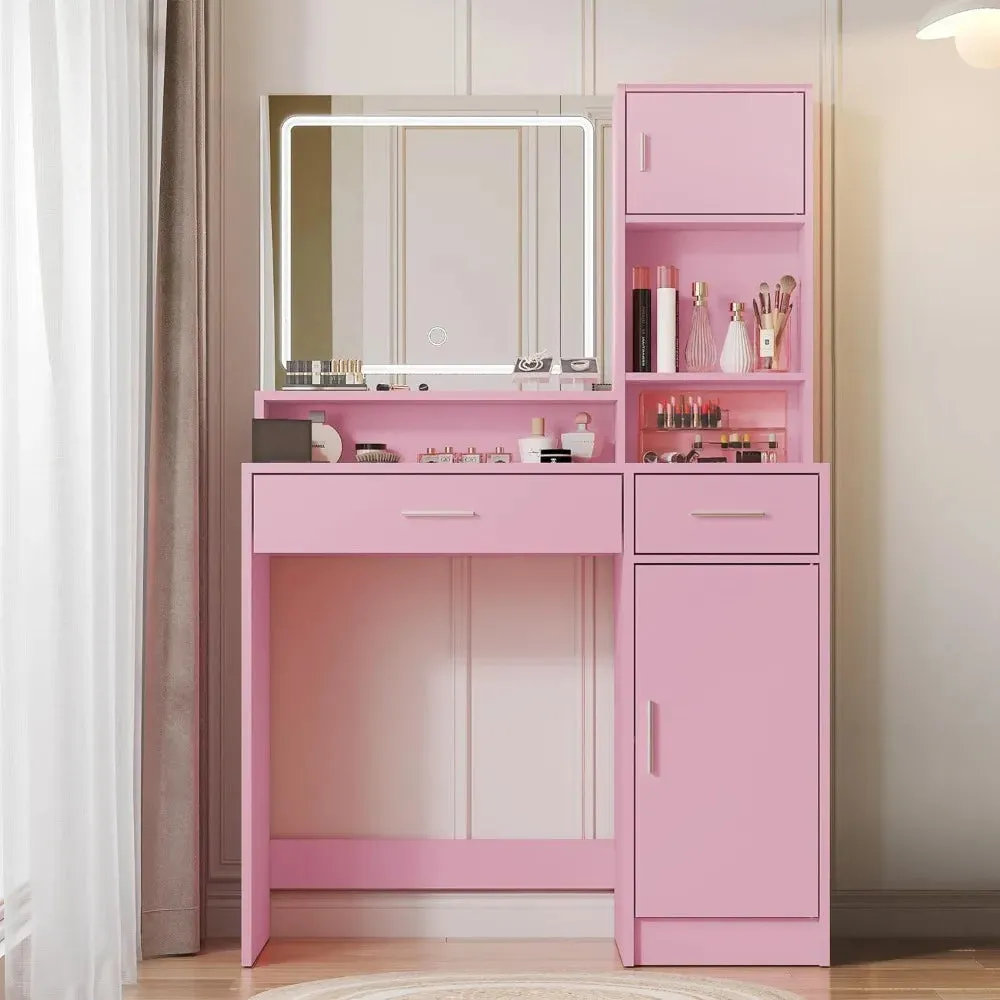 Pink Vanity Desk with Mirror and LED Lighting