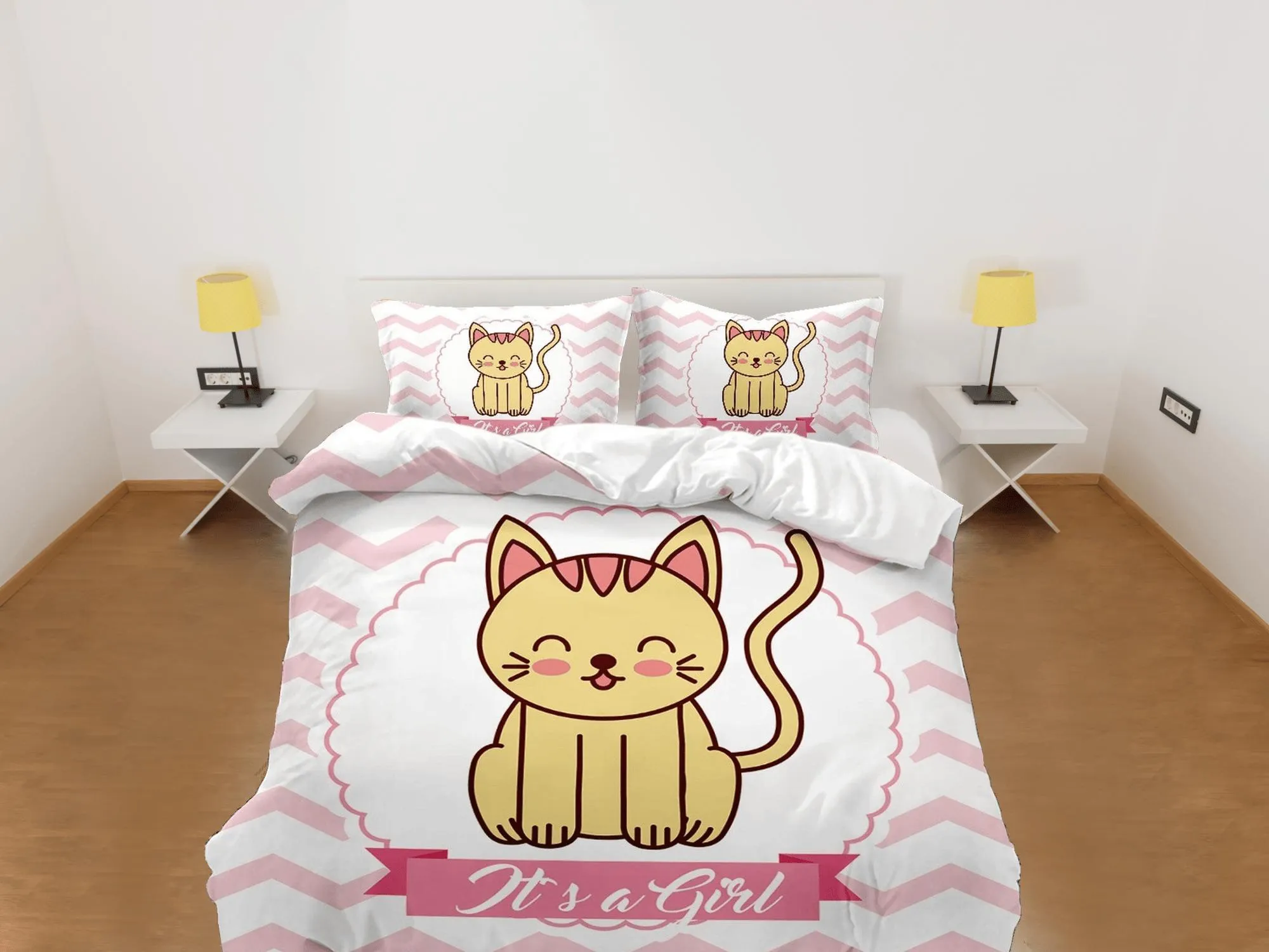 Pregnancy announcement girl, cute cat bedding, toddler bedding, kids duvet cover set, gift for cat lovers, baby bedding, baby shower gift