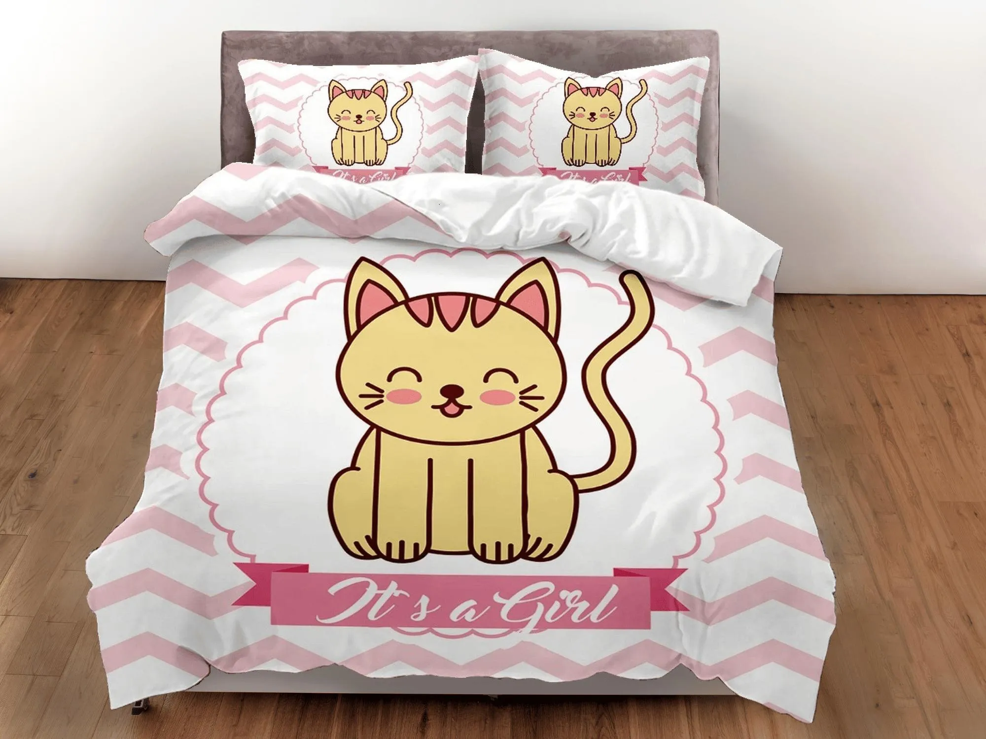 Pregnancy announcement girl, cute cat bedding, toddler bedding, kids duvet cover set, gift for cat lovers, baby bedding, baby shower gift