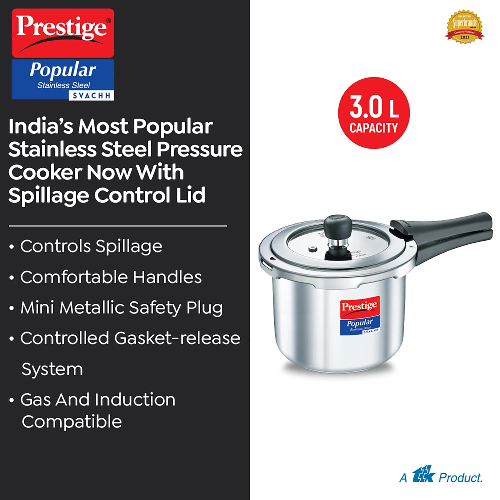 Prestige Popular Svachh Spillage Control Stainless Steel Outer Lid Pressure Cooker, 3 L (Silver)