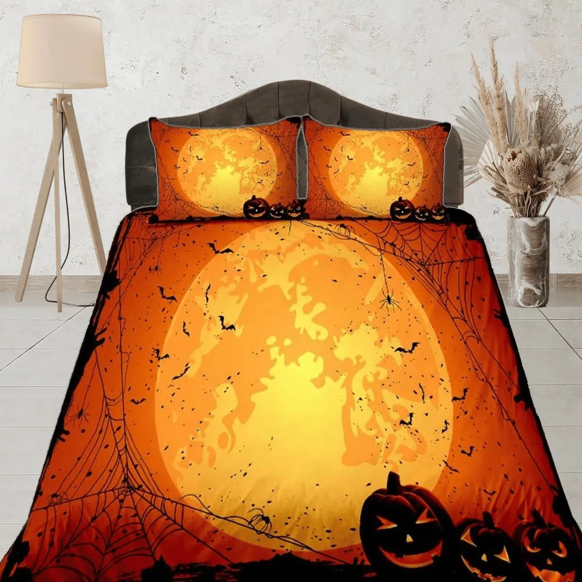 Pumpkin lantern moon halloween bedding & pillowcase, gothic duvet cover, dorm bedding, goth decor toddler bedding, halloween gift