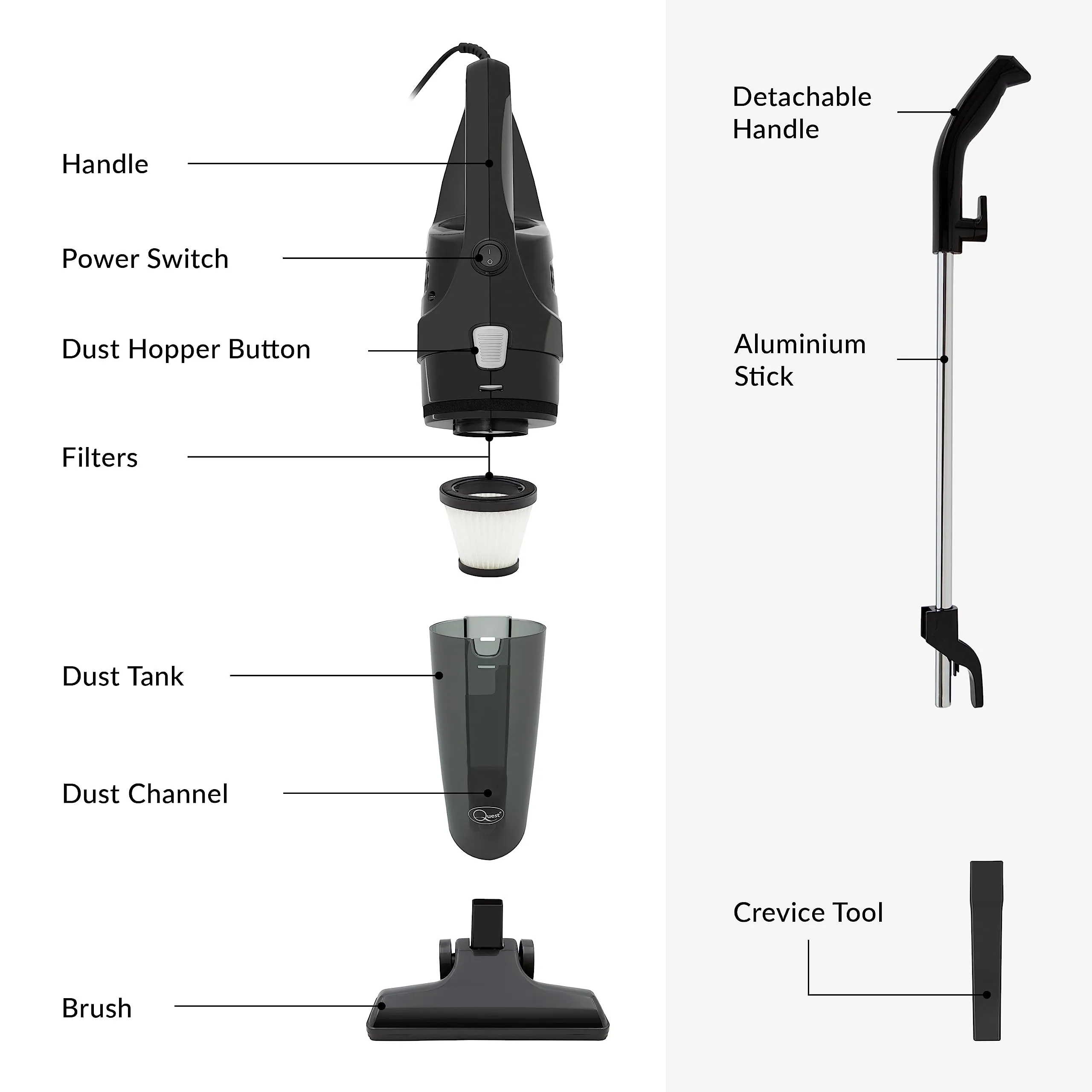 Quest 44839 2-in-1 Bagless Vacuum Cleaner/Use Upright or Handheld/Lightweight Compact Design/HEPA Filter/Attachments Included / 600W Power/Black Colour, 600 W, 1 Liter