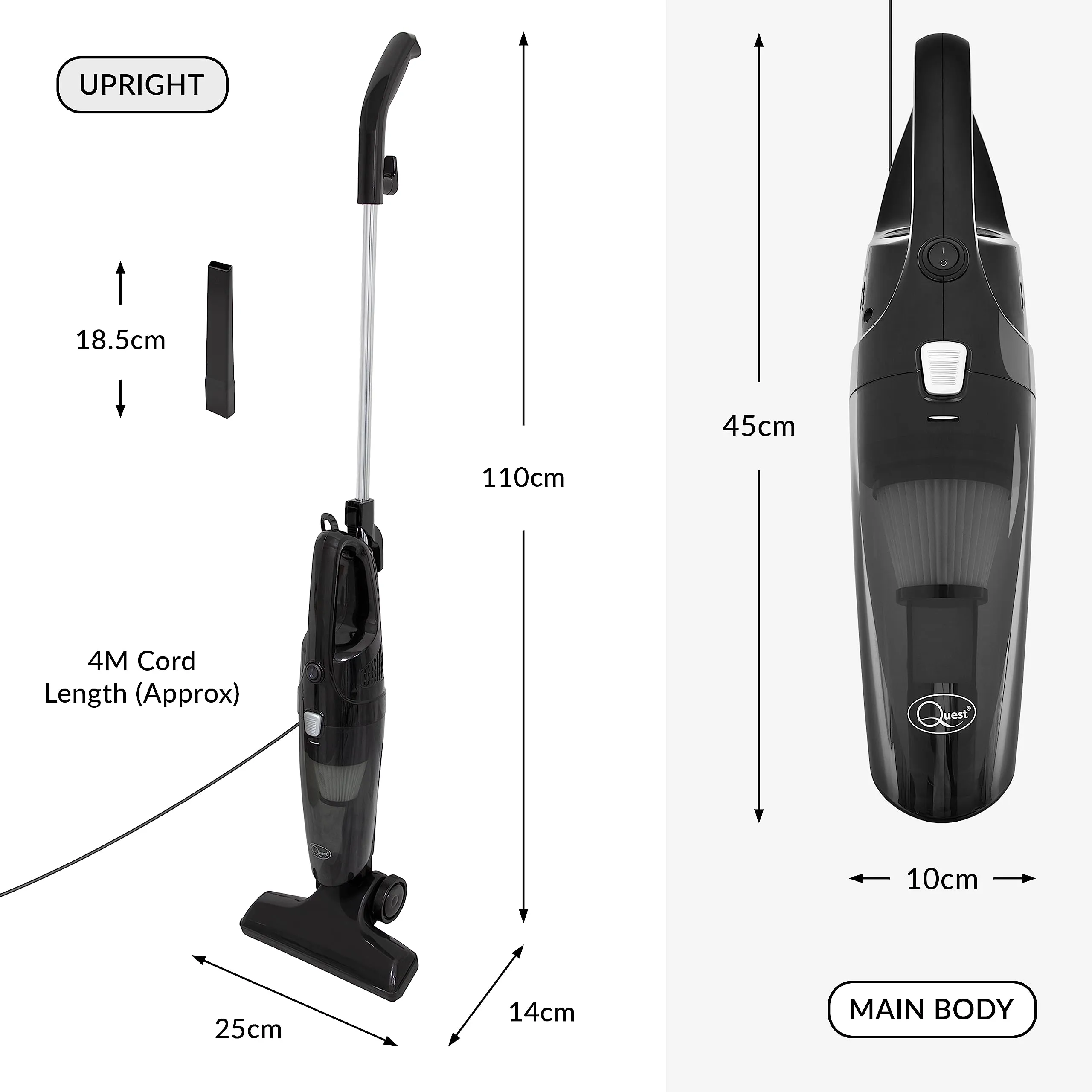 Quest 44839 2-in-1 Bagless Vacuum Cleaner/Use Upright or Handheld/Lightweight Compact Design/HEPA Filter/Attachments Included / 600W Power/Black Colour, 600 W, 1 Liter