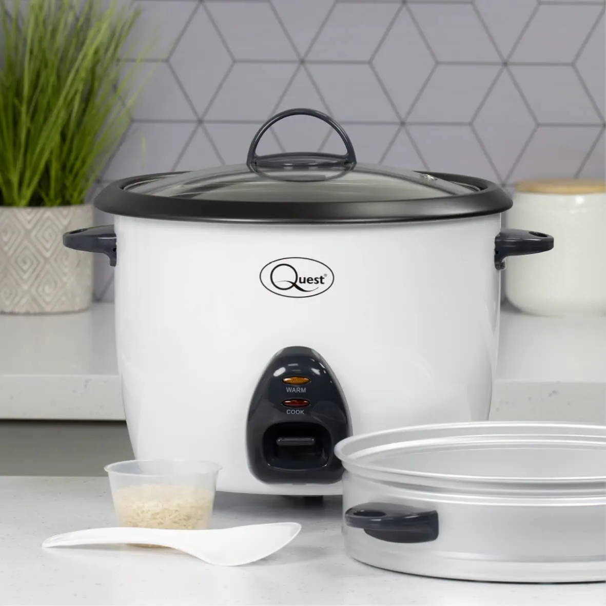 Quest 500W Rice Cooker & Steamer with Keep Warm Function, 1.5L/Non-Stick Inner Pot/Cooks Rice & Makes Healthy Steamed Vegetables/Includes Spatula & Measuring Cup