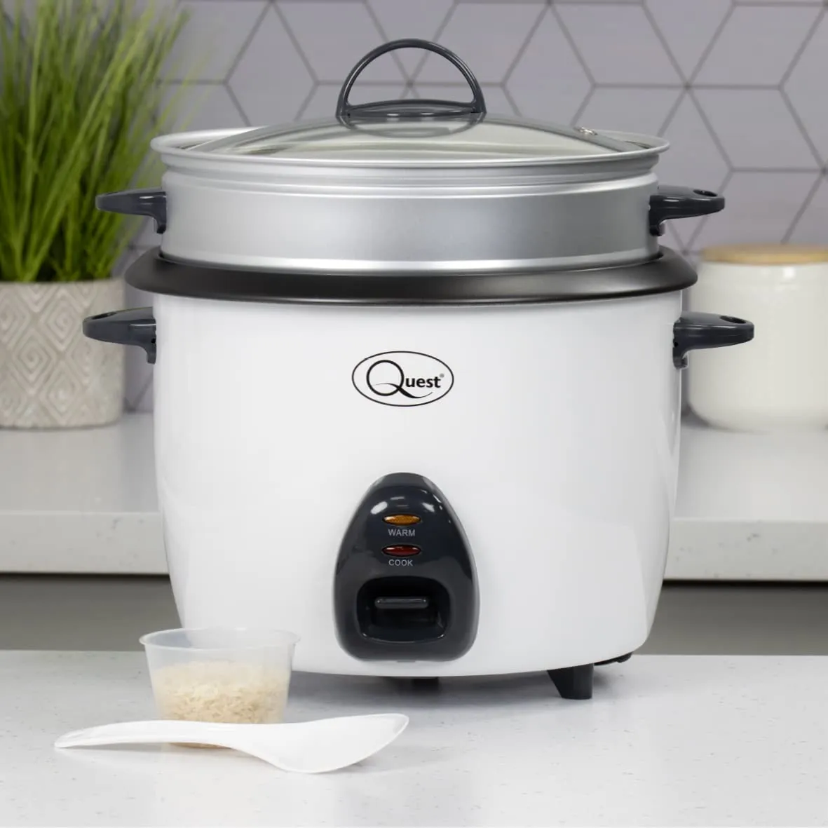 Quest 500W Rice Cooker & Steamer with Keep Warm Function, 1.5L/Non-Stick Inner Pot/Cooks Rice & Makes Healthy Steamed Vegetables/Includes Spatula & Measuring Cup