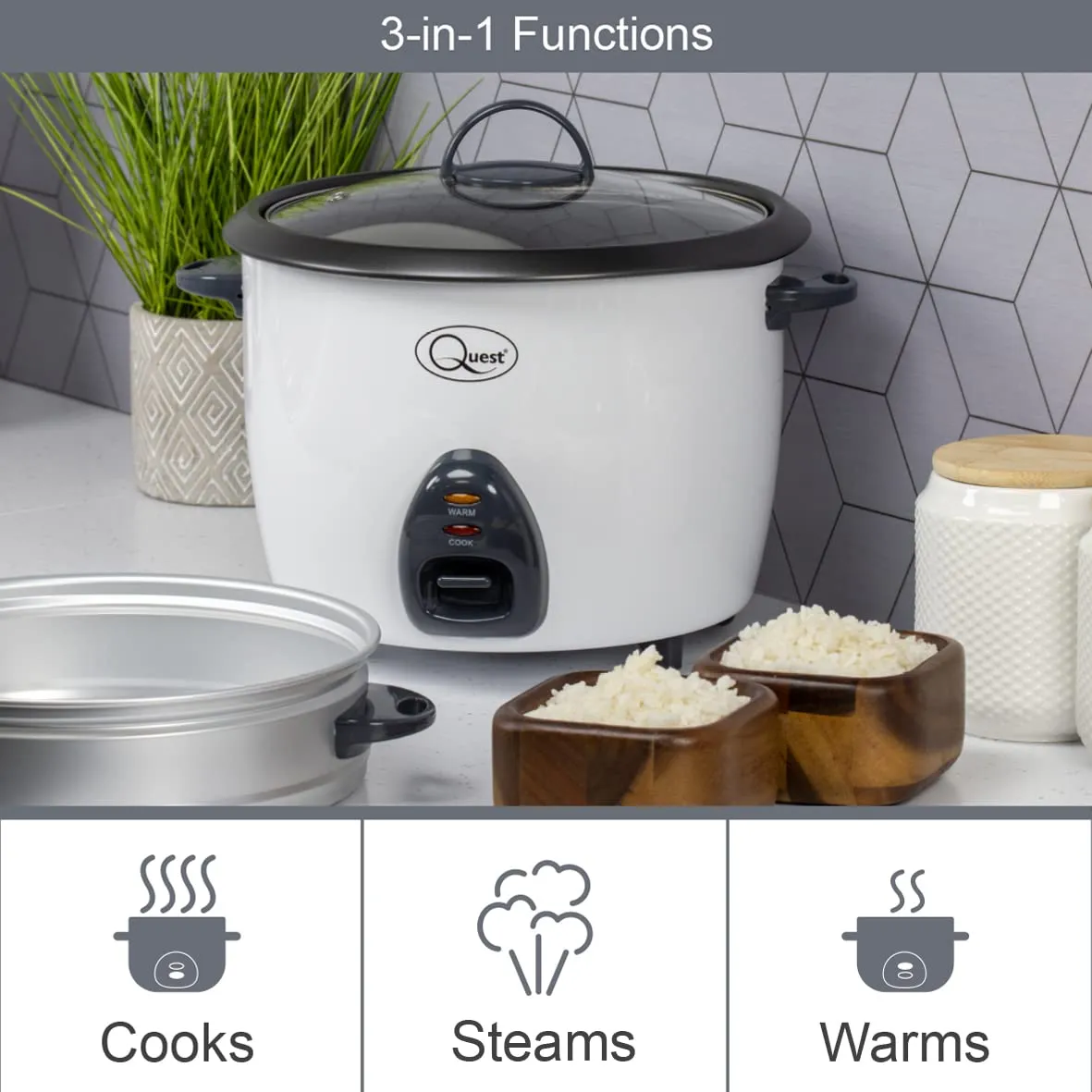 Quest 500W Rice Cooker & Steamer with Keep Warm Function, 1.5L/Non-Stick Inner Pot/Cooks Rice & Makes Healthy Steamed Vegetables/Includes Spatula & Measuring Cup