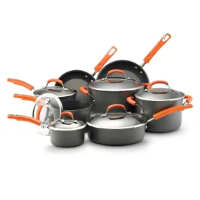 Rachael Ray Hard-Anodized Ii 14-Piece Cookware Set, Gray With Orange Handles