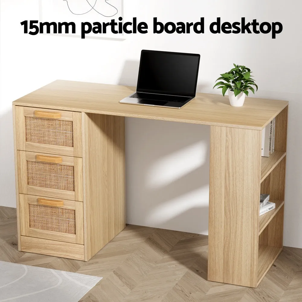 Rattan Computer Desk, 3 Drawers, 3 Shelves, 120CM - Artiss