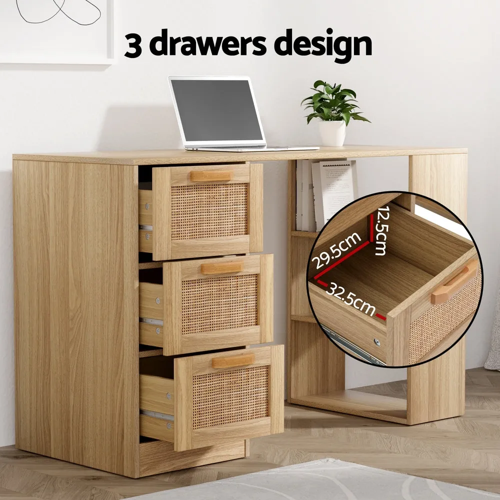 Rattan Computer Desk, 3 Drawers, 3 Shelves, 120CM - Artiss