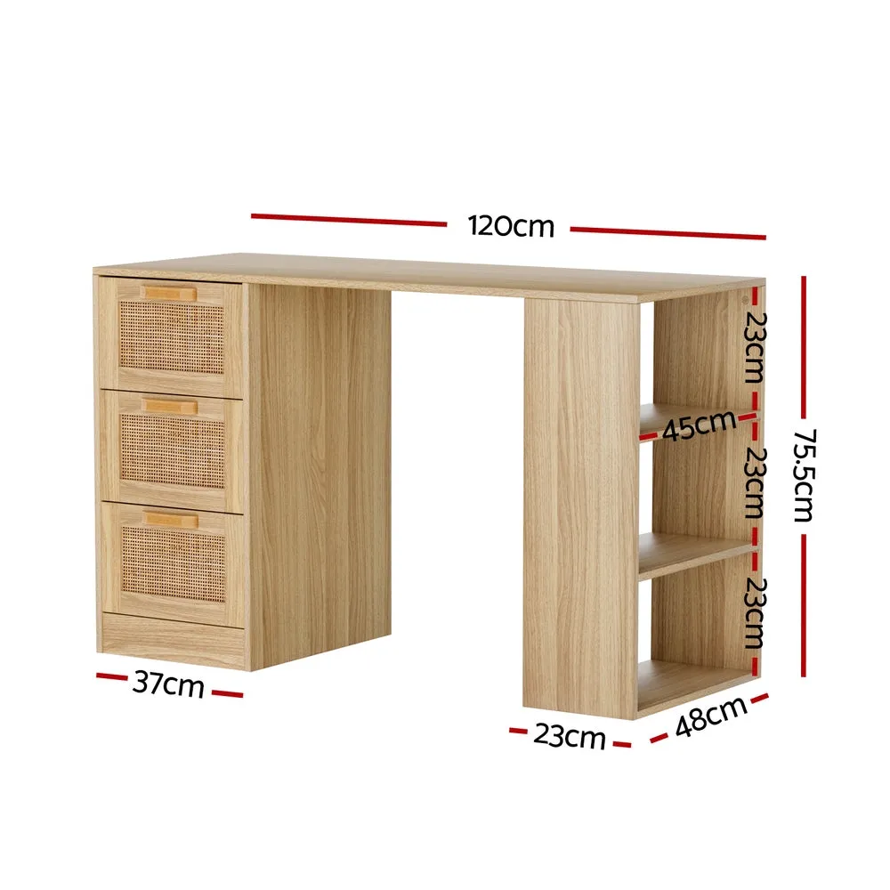 Rattan Computer Desk, 3 Drawers, 3 Shelves, 120CM - Artiss