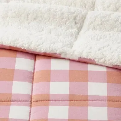 Room Essentials Faux Shearling Comforter Plush, Pink/Rust Plaid, Twin/TwinXL