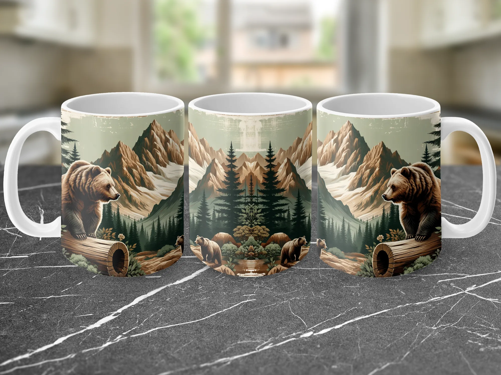 Rugged Bears and Mountains Coffee Mug, Mountain Bears Mug, Bear Gifts for Men, Camping Gifts, Mountain Mug