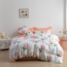 Single size 4 Pieces  Reversible Design Light Coral and White with Flowers Duvet Cover without filler.