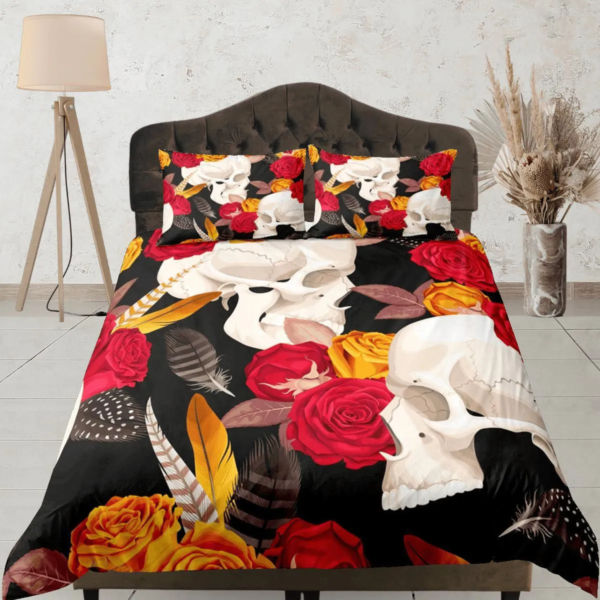 Skull and Roses Black Duvet Cover Set Gothic Bedspread Dorm Bedding with Pillowcase, Comforter Cover