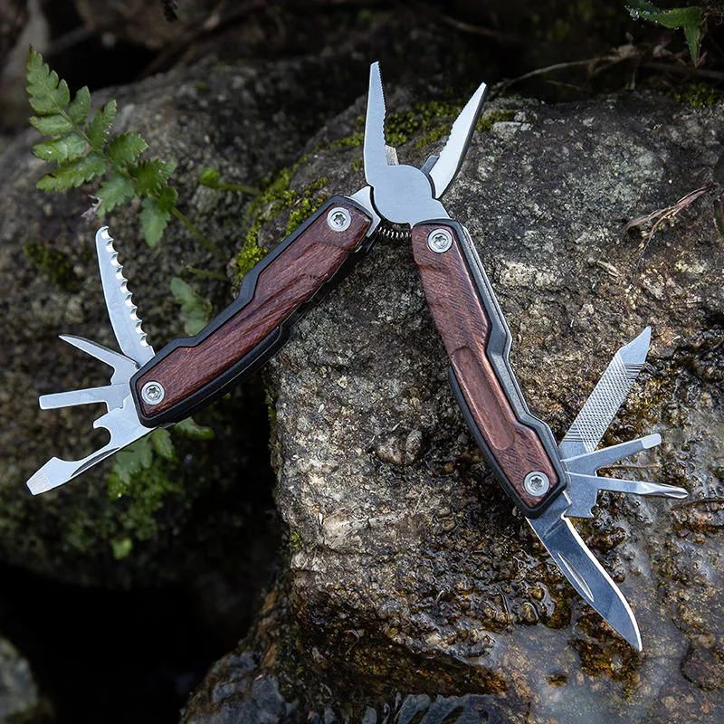 Small Multi Functional Tool Crimping Camping Folding Pocket Cutting Pliers With Wooden Handle