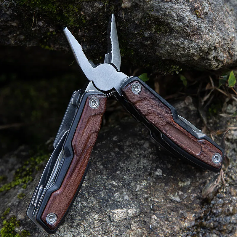 Small Multi Functional Tool Crimping Camping Folding Pocket Cutting Pliers With Wooden Handle