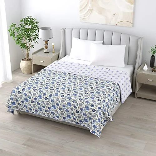 SPSON'S HANDLOOM Provide Cotton 100% Cotton Reversible Three Layer Dohar Double Bed AC Summer/Blanket/Quilt Double (White and Blue, 94" *100") A