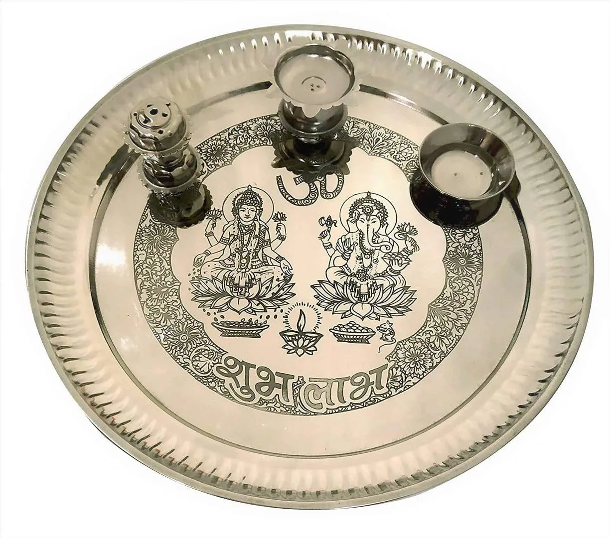 Stainless Steel Puja Thali Set Embossed Laxmi Ganesh (10 Inch)