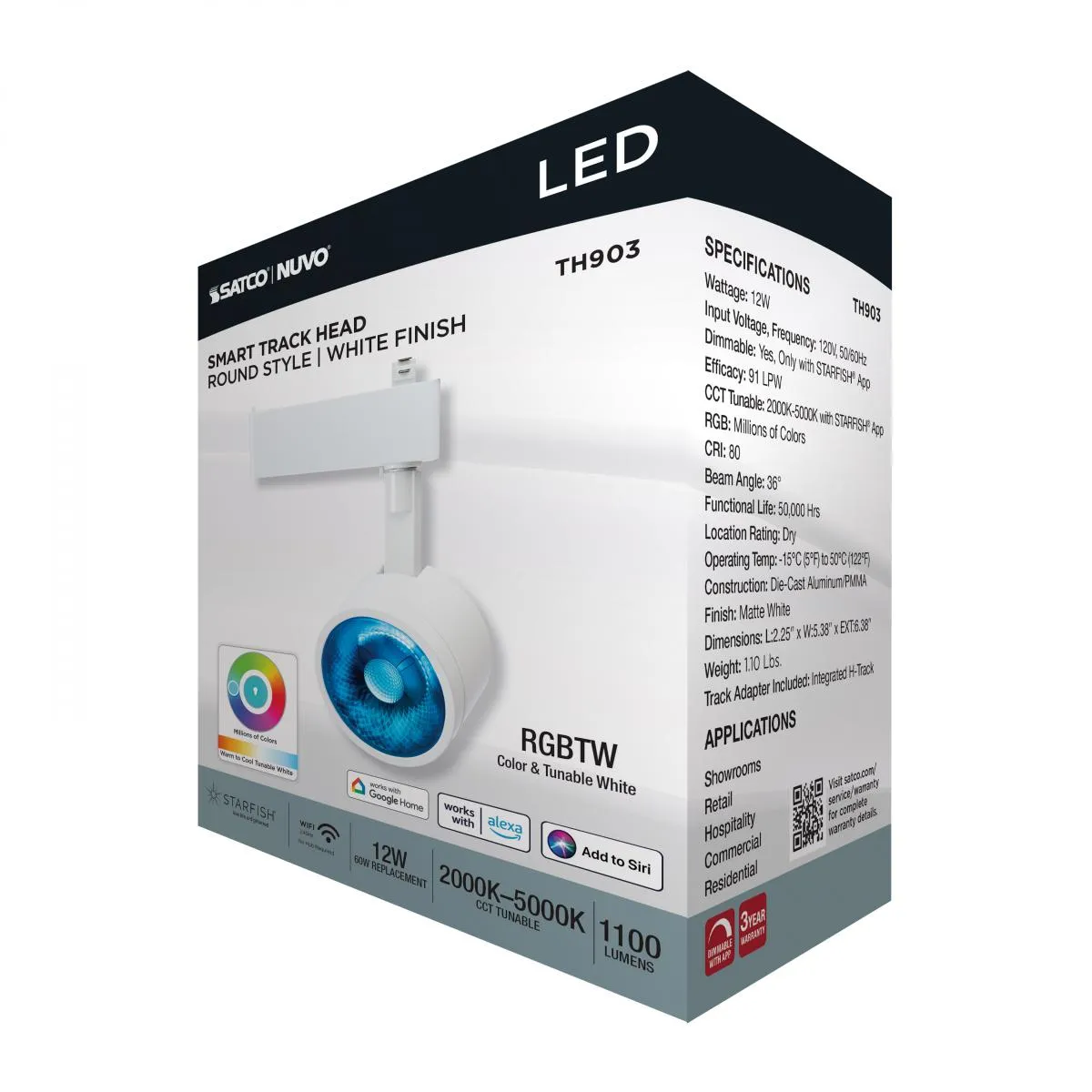 Starfish Smart LED Track Head Round 12W 1100 Lumens RGBTW, Halo, 36 Beam Angle, White Finish