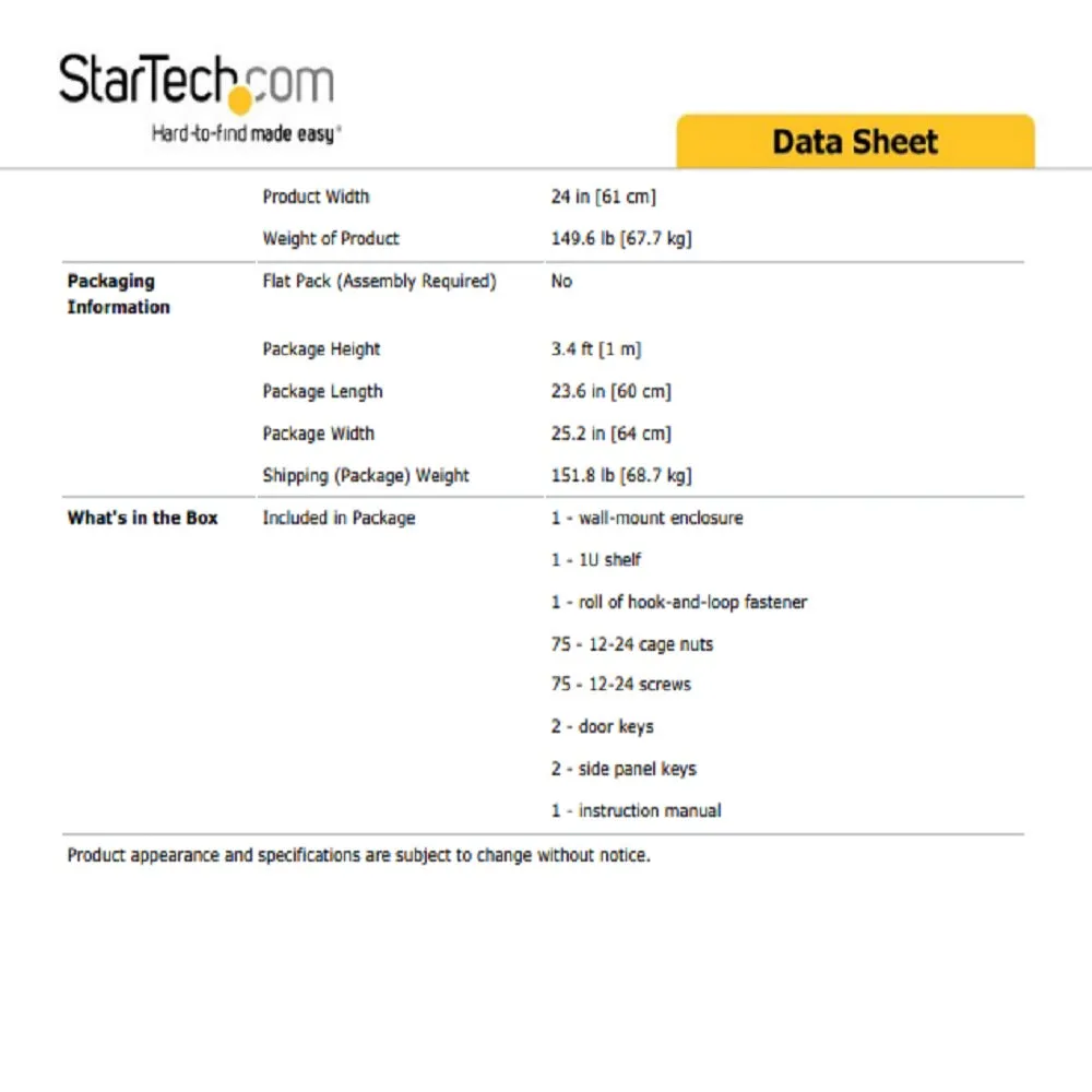 StarTech.com 18U 19" Hinged Wall-Mount Rack Enclosure RK1820WALHM