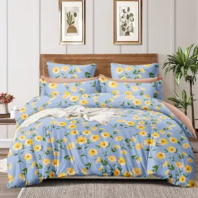 Super Soft Daffodils Blue Design Cosy Comforter Set (4 pc Set, king Size)