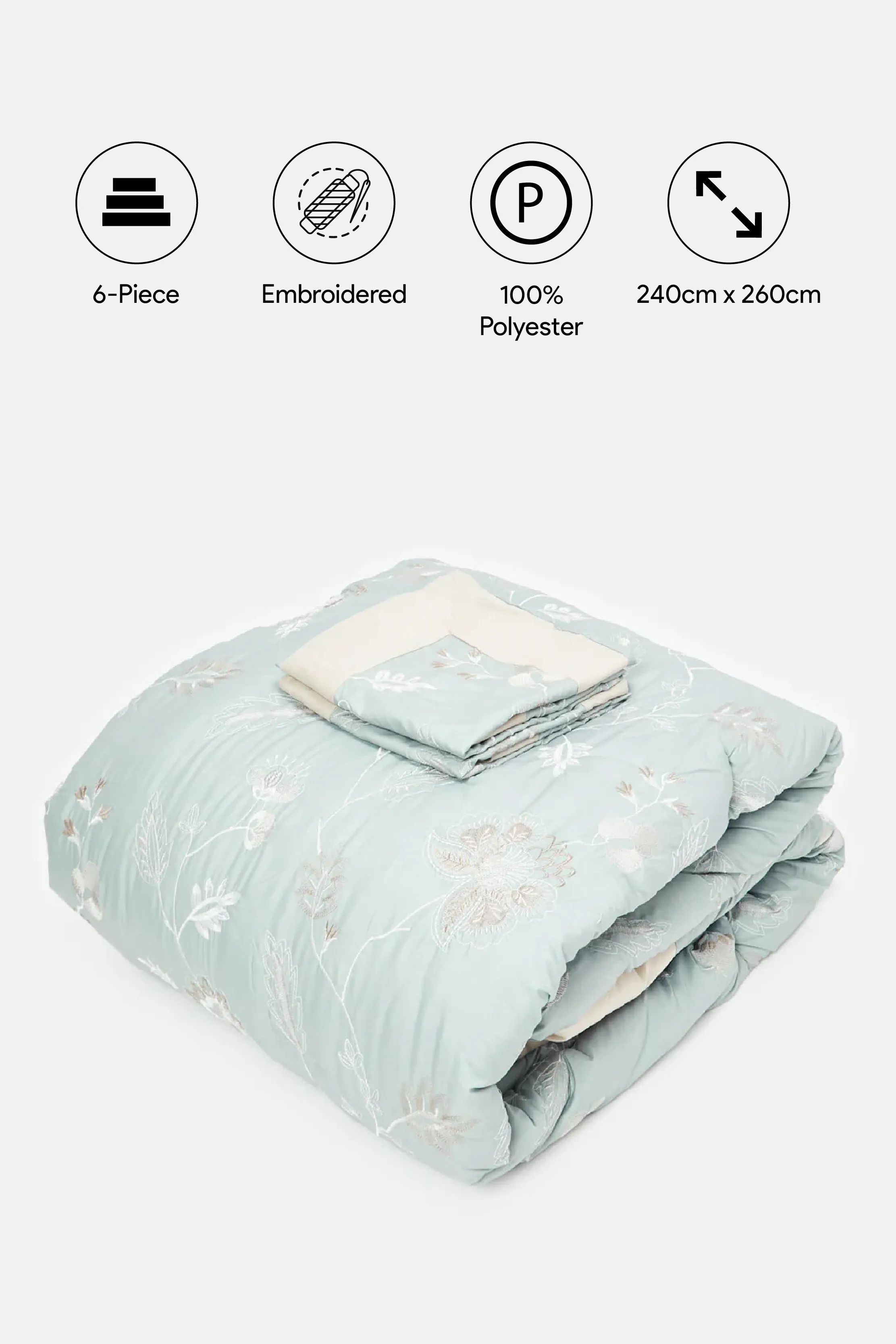 Teal 7 Piece Floral Embroidery Comforter Set (King Size)