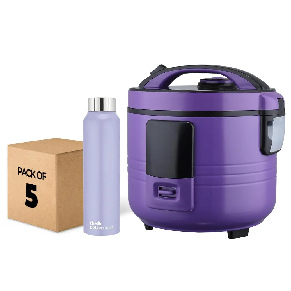 The Better Home FUMATO Cookeasy Automatic 500W Electric Rice Cooker 1.5L & Stainless Steel Water Bottle 1 Litre Pack of 5 Purple