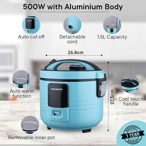 The Better Home FUMATO Cookeasy Automatic 500W Electric Rice Cooker 1.5L Blue & Stainless Steel Water Bottle 1 Litre Blue