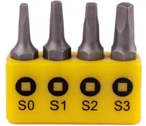 TORK CRAFT SCREWDRIVER BIT SET SQUARE RECESS 4PCE 25MM SQ0.1.2.3 TZ SQ250401C