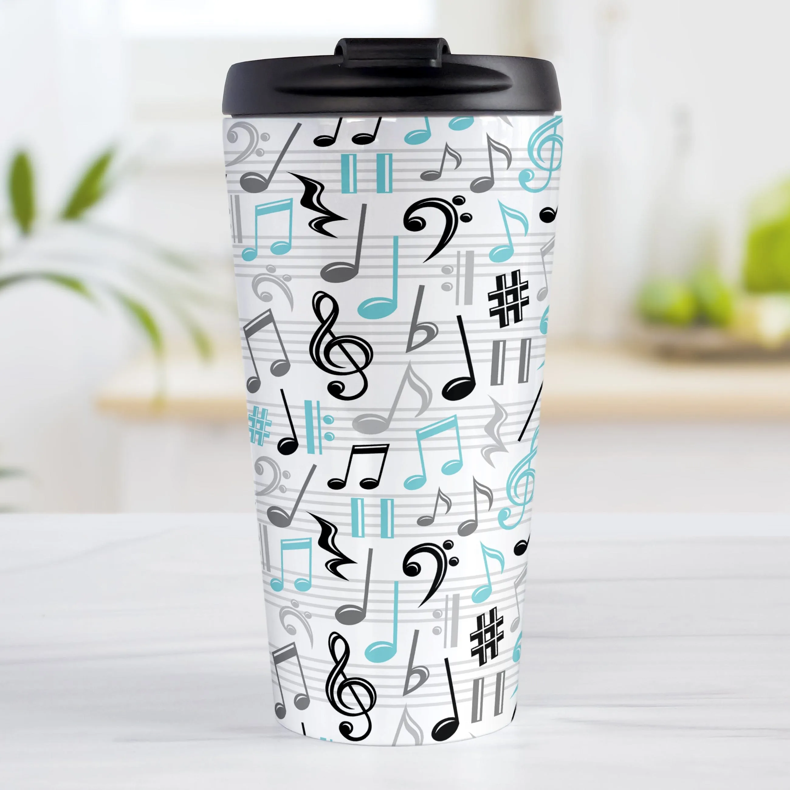 Turquoise Music Notes Pattern Travel Mug