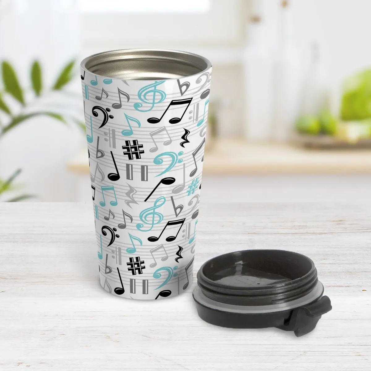 Turquoise Music Notes Pattern Travel Mug