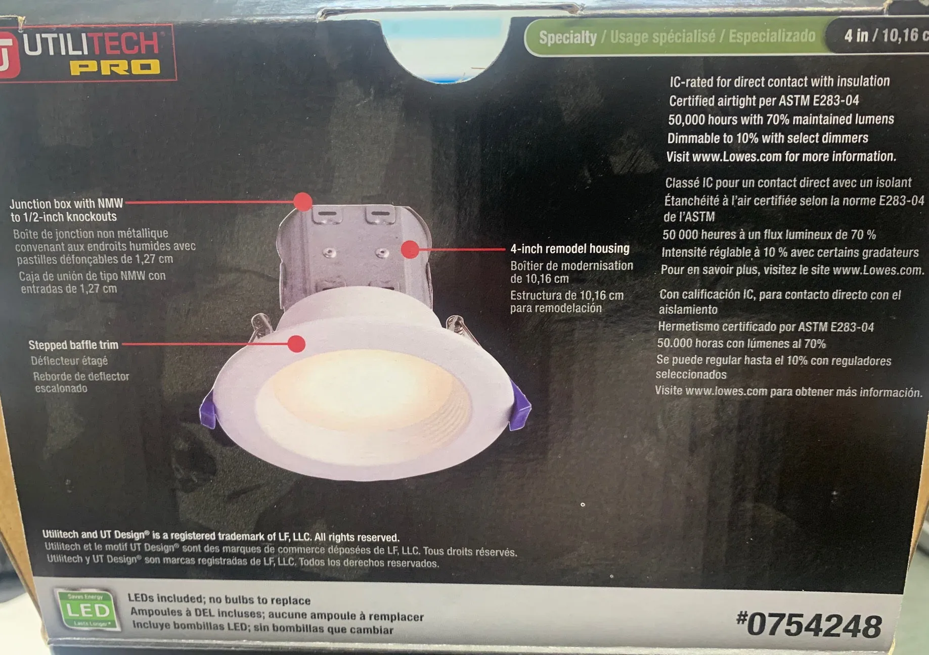 Utilitech 754248 Four Inch Integrated Remodel LED Recessed Light Kit in White Finish - 4 Pak