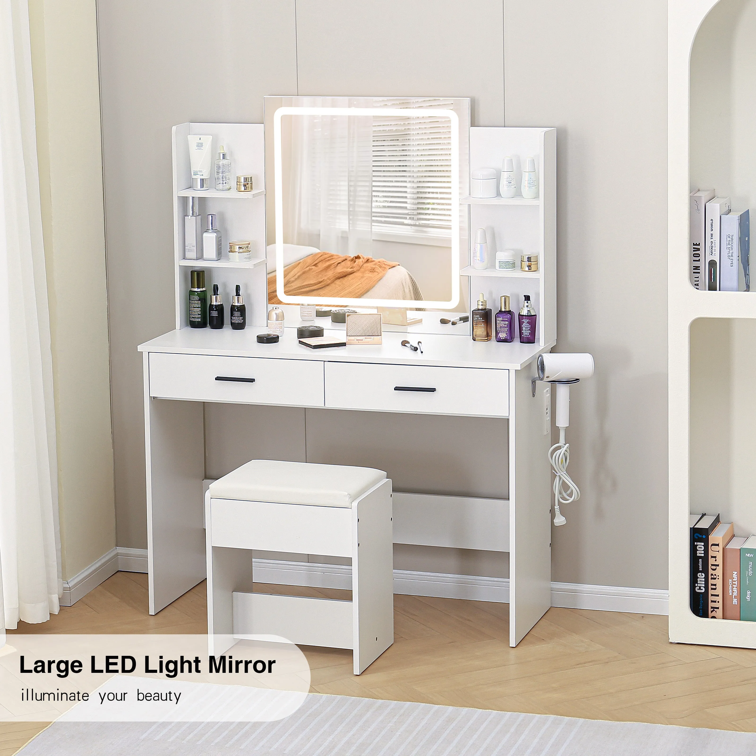 Vanity Desk Set with LED Lighted Mirror & Charging Station