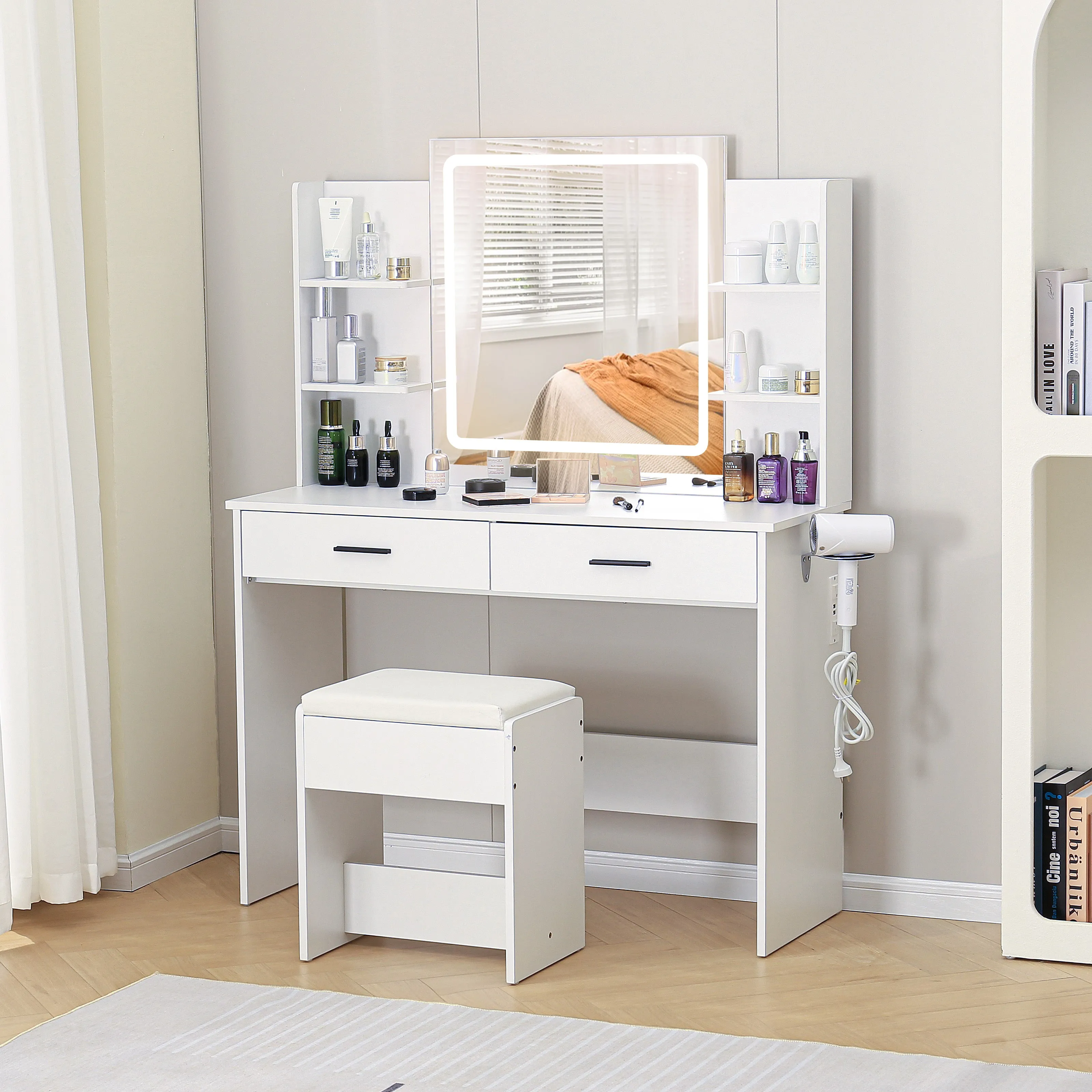 Vanity Desk Set with LED Lighted Mirror & Charging Station