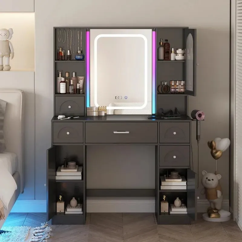 Vanity Desk with Integrated LED RGB Makeup Mirror and Power Strip