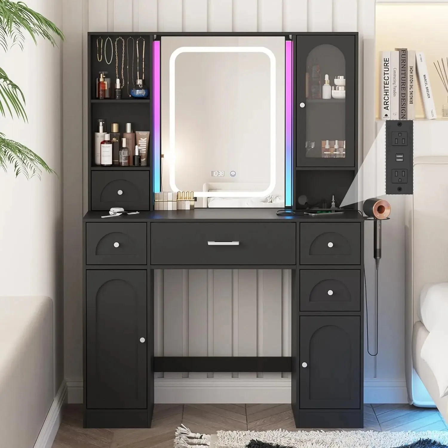 Vanity Desk with Integrated LED RGB Makeup Mirror and Power Strip