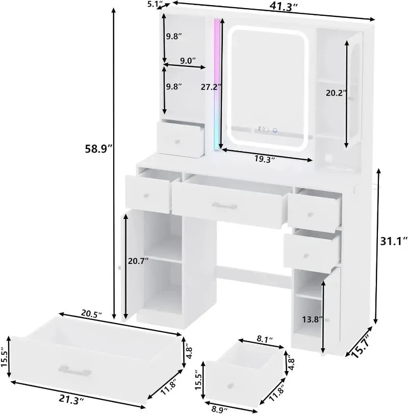 Vanity Desk with Integrated LED RGB Makeup Mirror and Power Strip