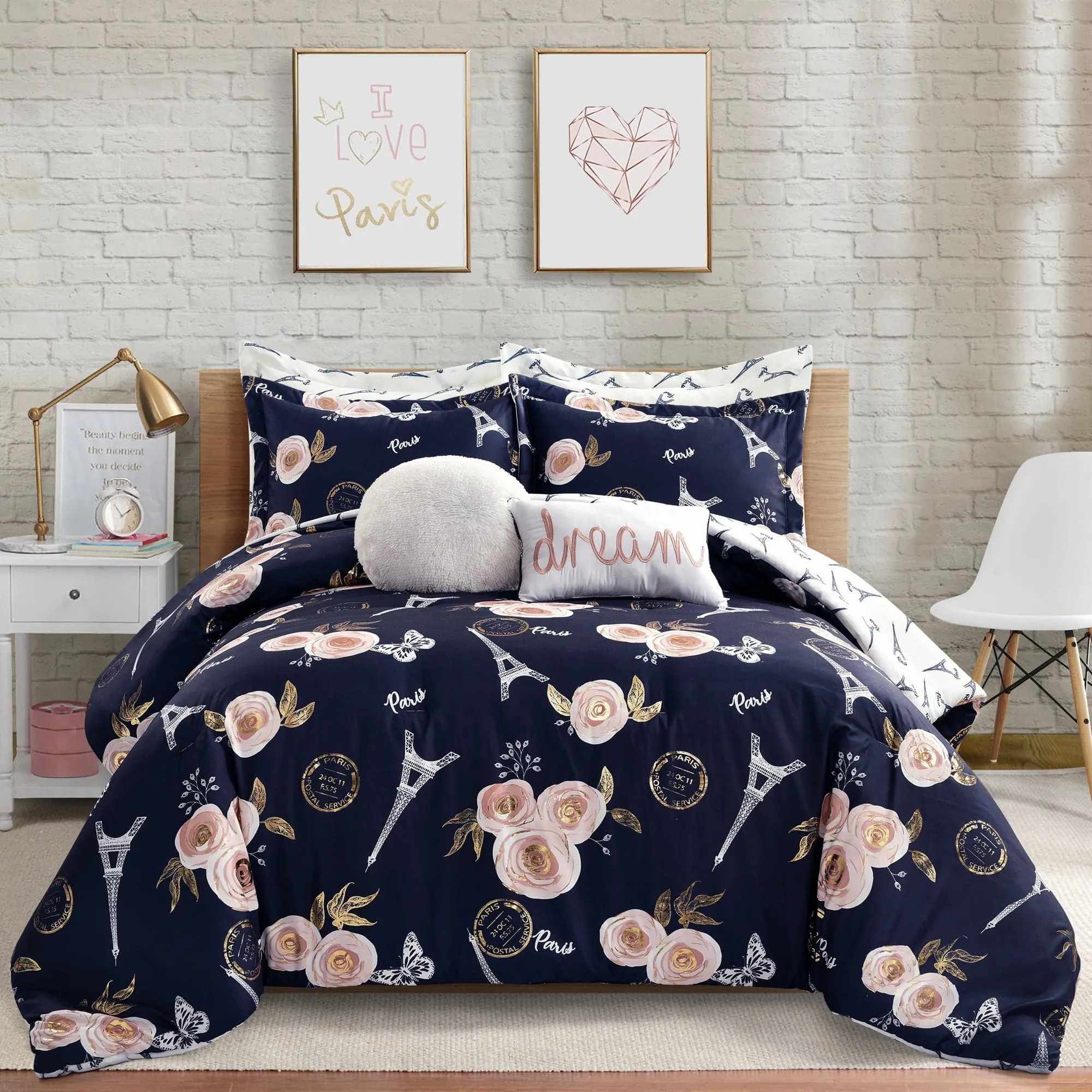 Vintage Paris Rose Butterfly Script Comforter Set