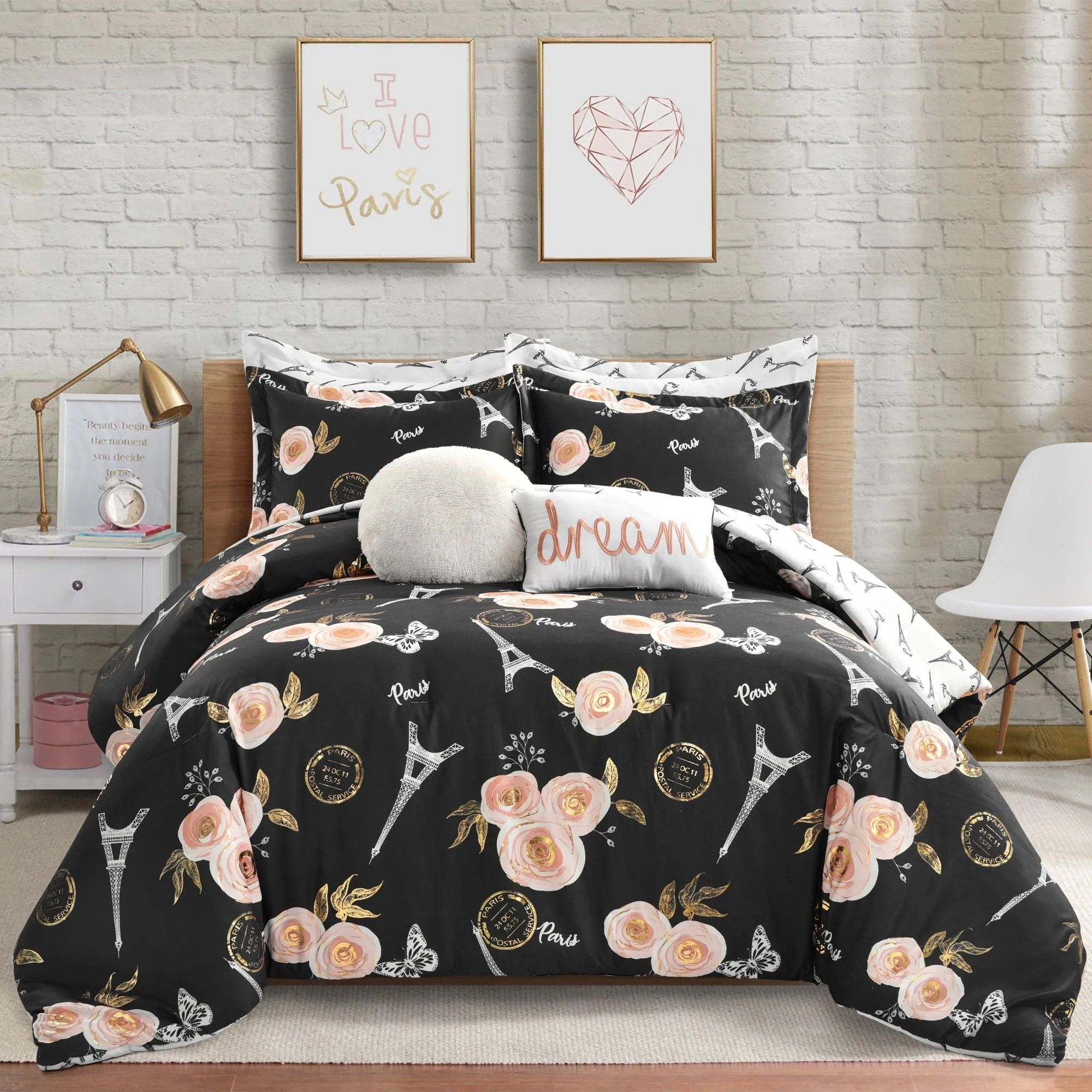 Vintage Paris Rose Butterfly Script Comforter Set