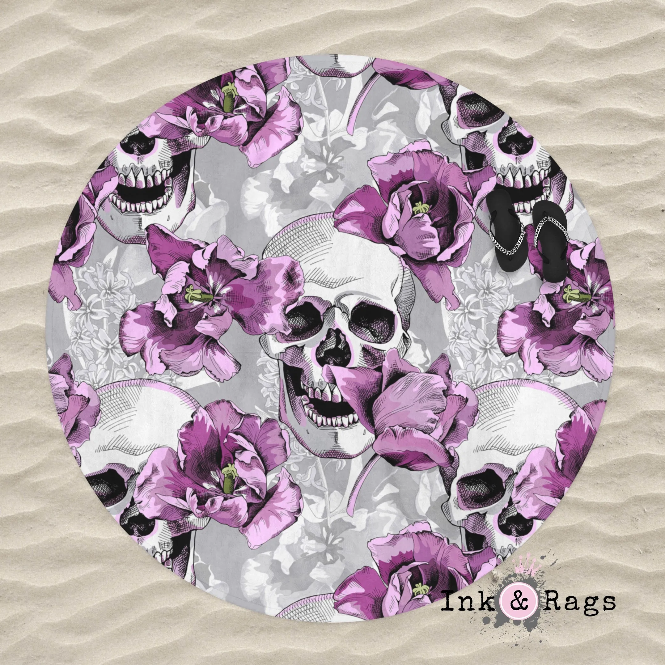 Violet and Grey Tulip and Skull Round Beach Towel